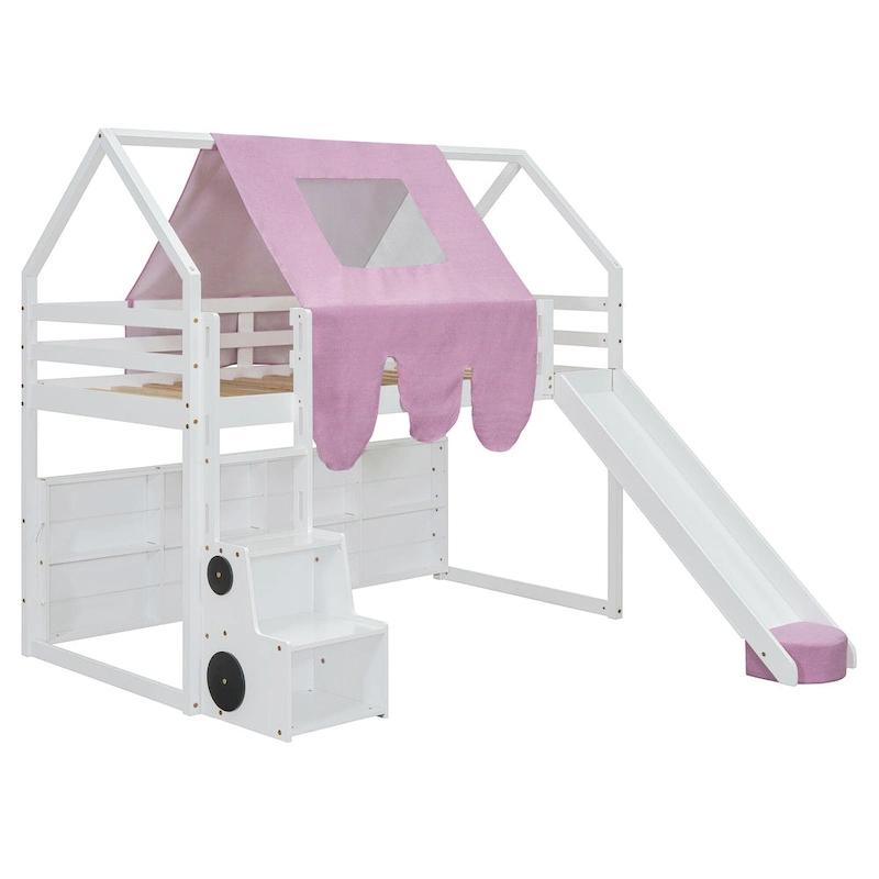 Twin Loft Bed with Play Tent and House Design, 250lb Capacity, Slide & Ladder