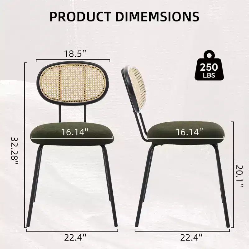 2 Pack Dining Chairs, Modern Velvet Upholstered Dining Room Chairs with Rattan Backrest & Sturdy Metal Legs