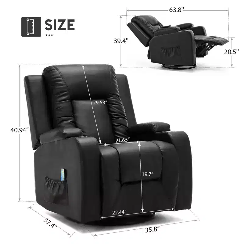 COMHOMA Side Lever Recliner Chair PU Leather Rocking Sofa with Heated Massage Black