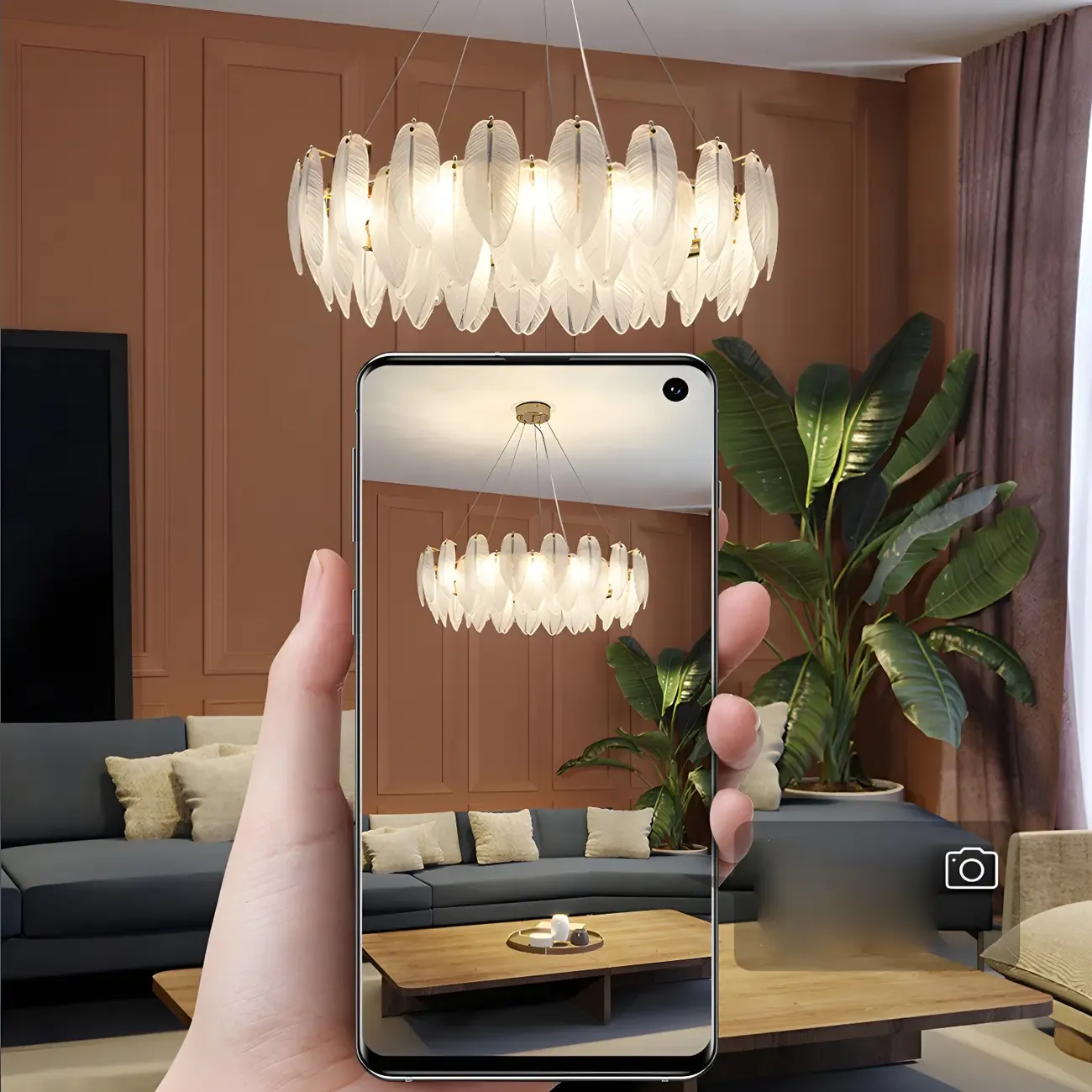 Elegant White Glass Feather Round Chandelier