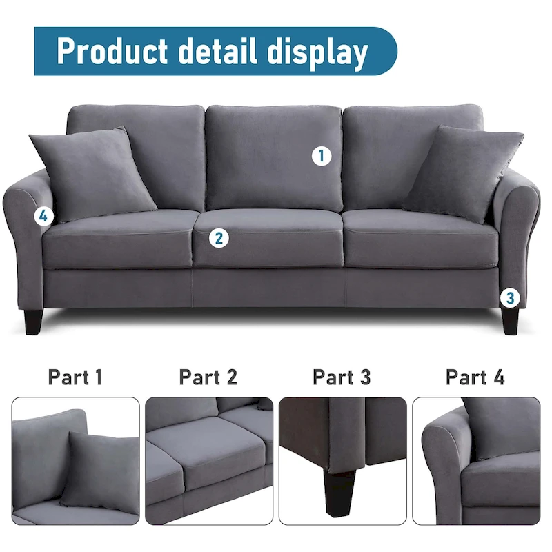 Aukfa Upholstered 3 Seater Sofa Couch with 2 Pillows