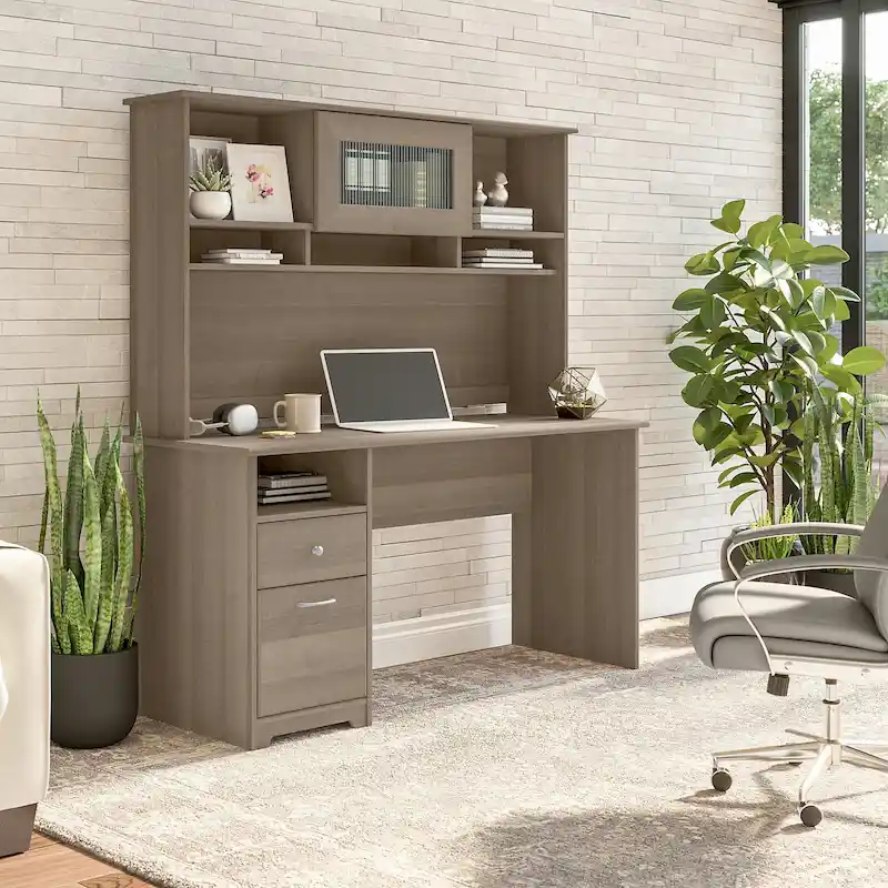 60W Computer Desk with Hutch in Espresso Oak