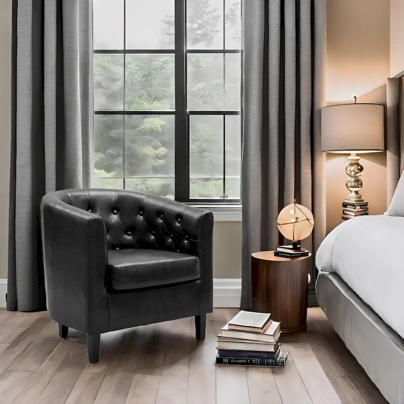 Accent Chair, Button Tufted Faux Leather Barrel Chair, Midcentury Modern Accent Chair, Comfy Armchair, Tub Barrel Chairs