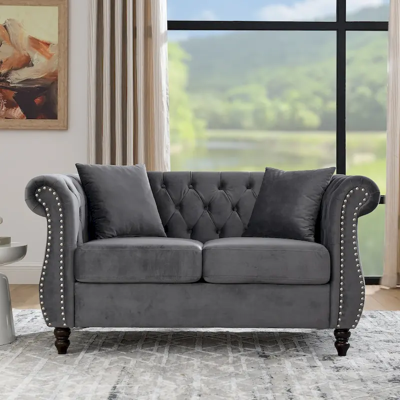 Velvet Chesterfield Loveseat Sofa, Rolled Arms, Nailhead Trim