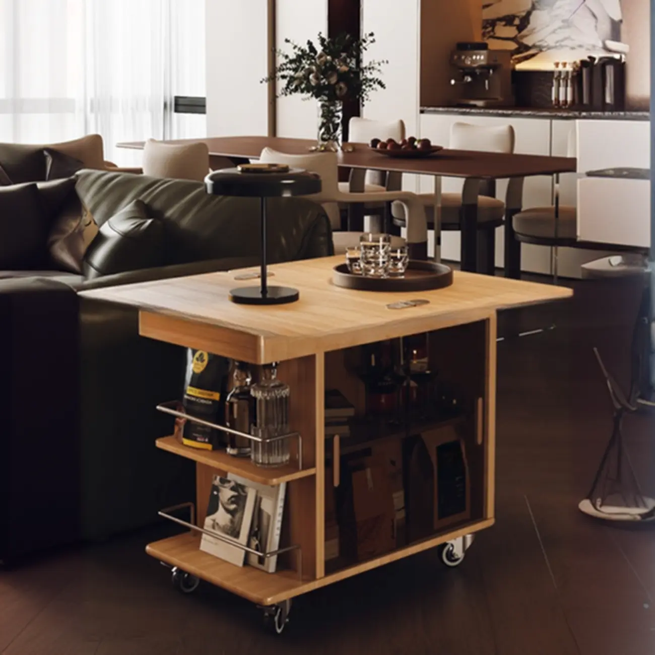 Elegant White Multi-function Wooden Wheel Side Table