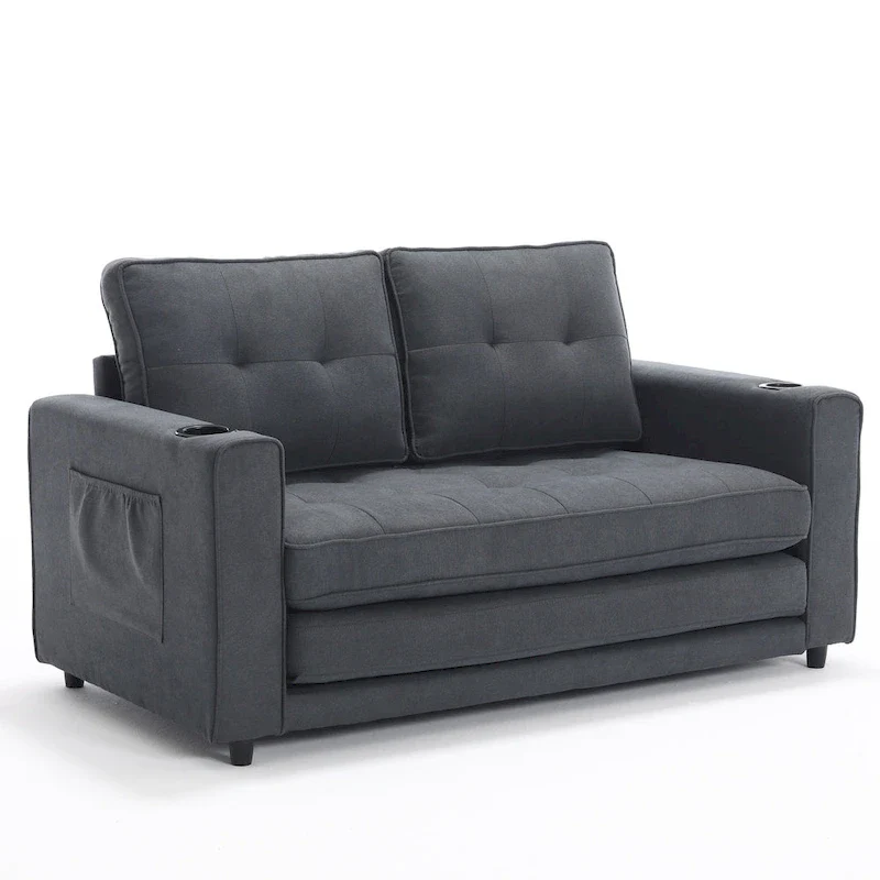 Foldable Tufted Loveseat with Pull Out Bed and Side Pockets