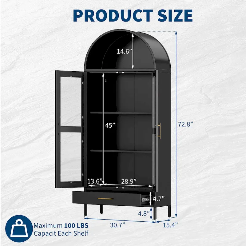 73 in Tall Metal Arched Cabinet, Modern Arch Kitchen Pantry Storage Cabinet with Glass Doors and 2 Adjustable Shelves