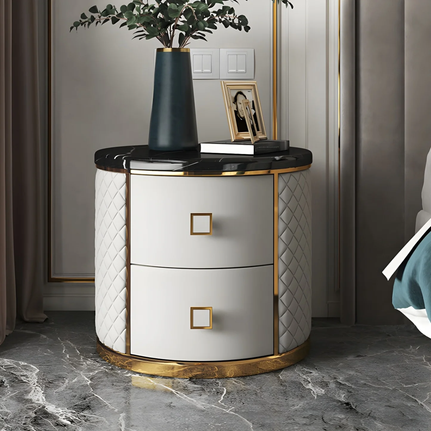 Glam Round Leather Nightstand with Marble Countertop 2 Drawers