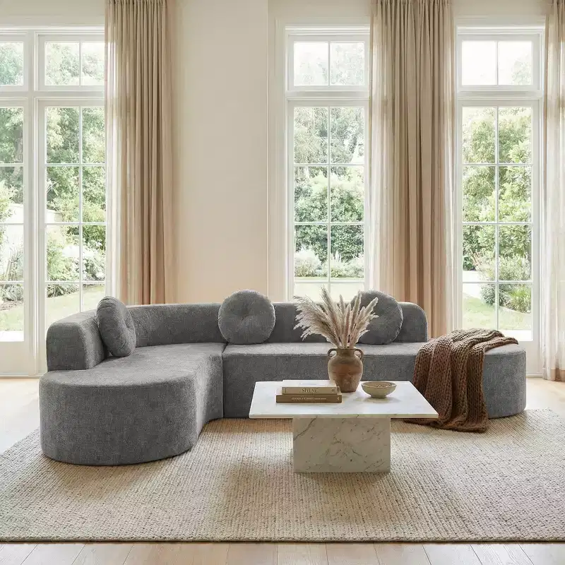 Whisen 122'' Extra Large Sectional Sofa, Elegant Fabric Upholstery Sofa Couch with Three Round Cushions , High-Resilience Foam