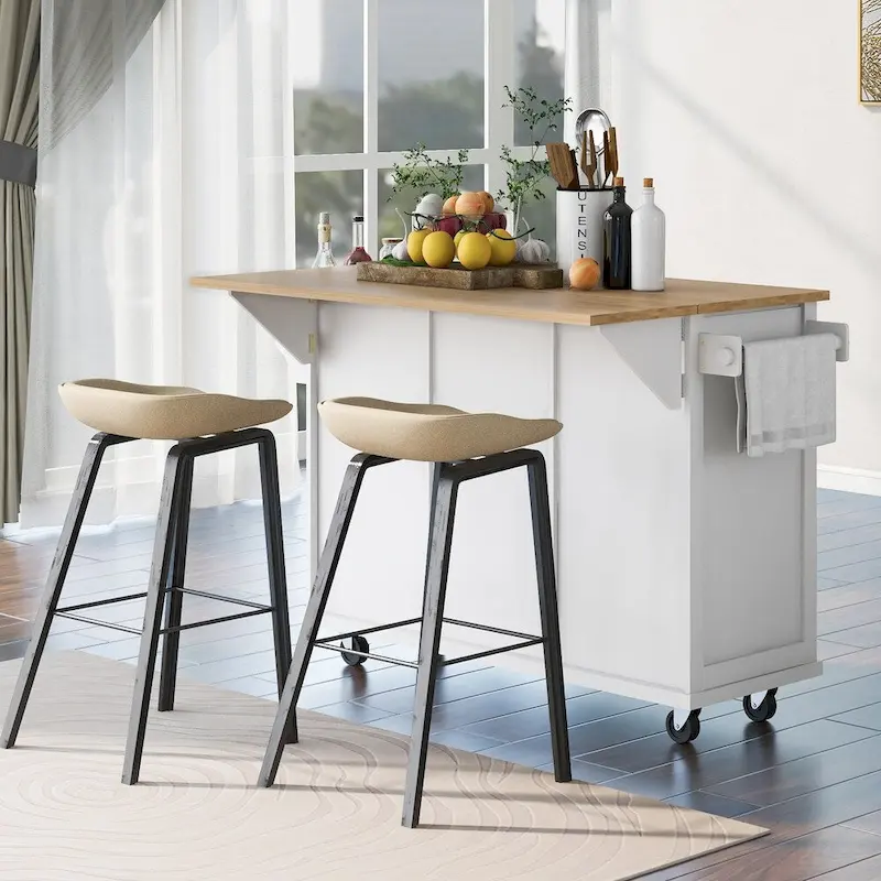 Kitchen Island on 5 Wheels with Storage Cabinet and 3 Drawers