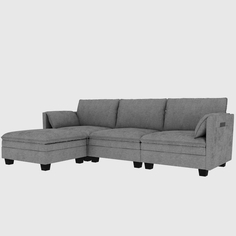 Christopher Knight Home - Noah Large 3-Seater L-Shaped Sofa with Movable Ottoman and Armrest Pockets, Fabric Upholstery