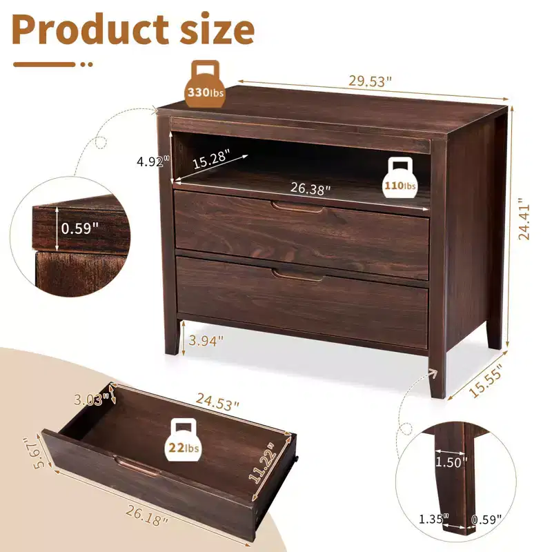 Karl Home 2-Drawer Brown MDF (Medium-Density Fiberboard) 29.53in. W Nightstands