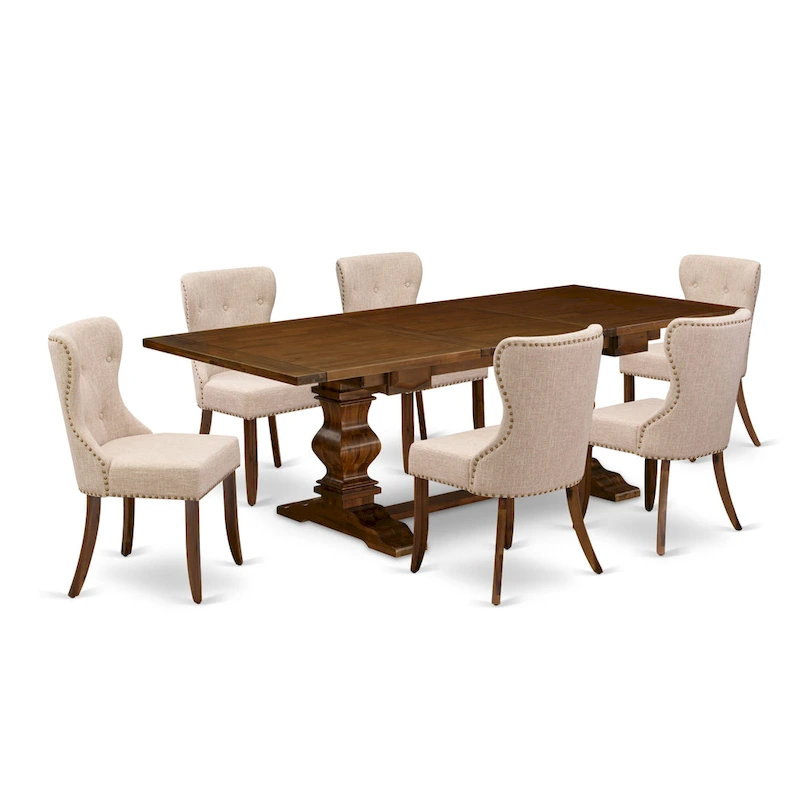 East West Furniture Dining Table Set- a Rectangle Dinner Table and Light Tan Linen Fabric Chairs, (Pieces Option)