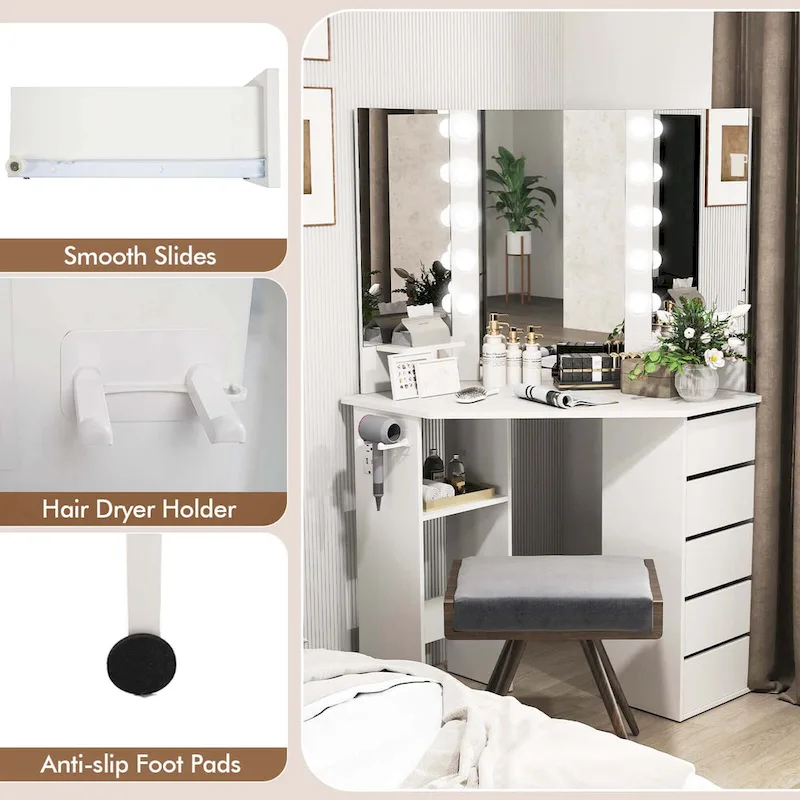 Corner Vanity Desk with LED Mirror and Storage Drawers