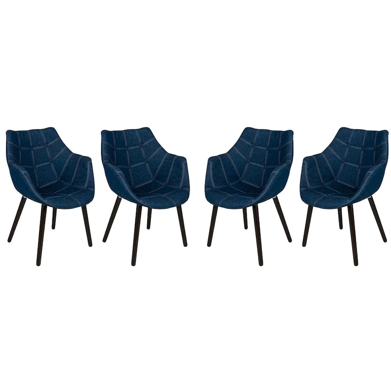 4-Piece Modern Tufted Denim Lounge Armchair with Beech Wood Legs, Upholstered Accent Side Chair for Living Room & Office