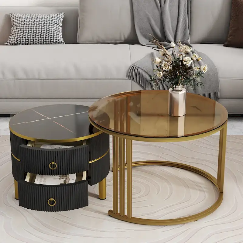 Stackable Round Coffee Table with 2 Drawers, Nesting Tables with Brown Tempered Glass and High Gloss Marble Tabletop, Set of 2