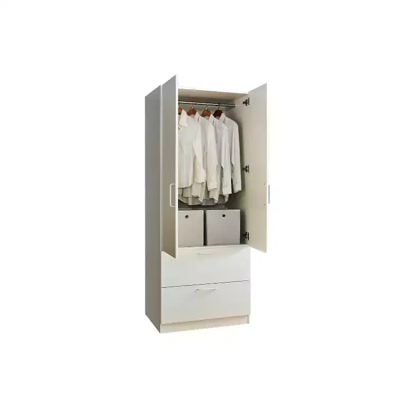 HomeStock Emma Two-Door Wood Closet with Two Drawers and Hanging Bars in White