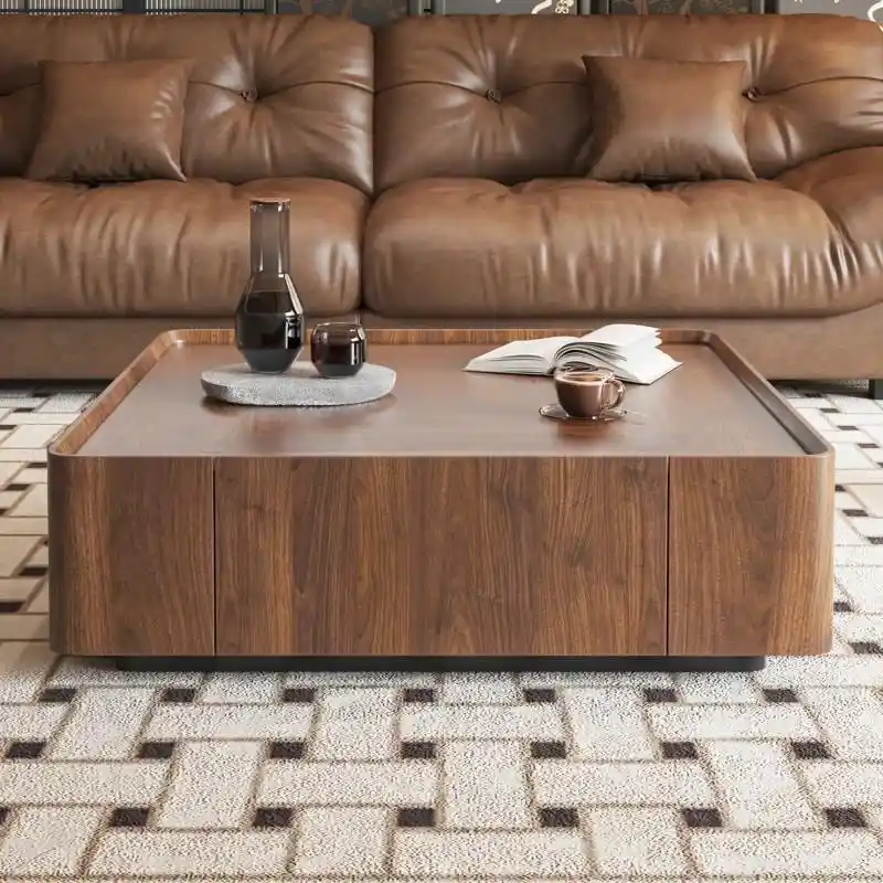 Industrial Walnut Coffee Table with Hidden Drawers - 39.37 x39.37 x12.6