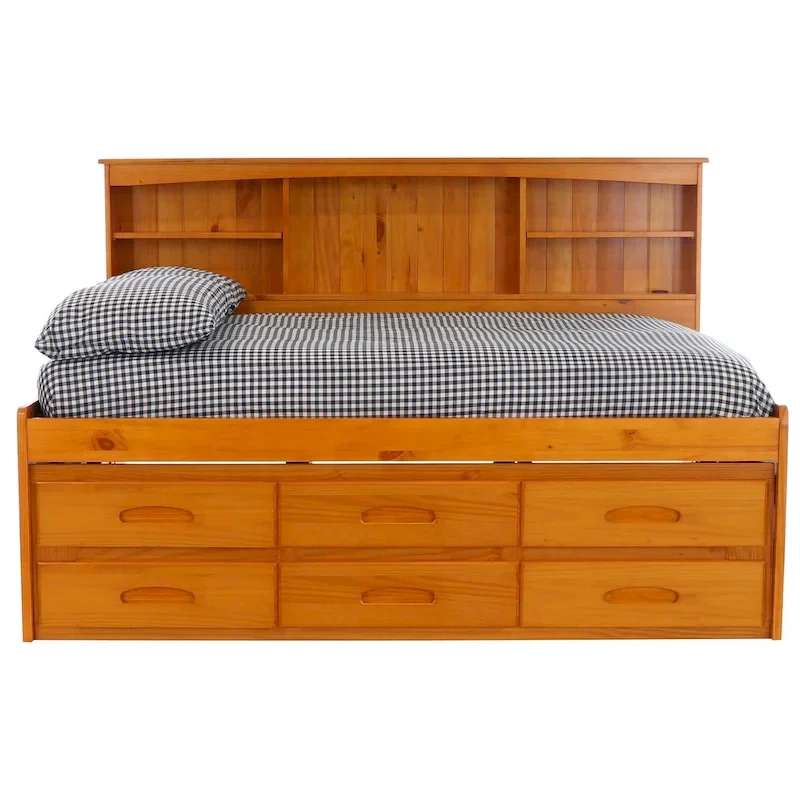 Honey Solid Pine Bookcase Headboard Daybed with 6 Drawers – Full, Single Sleeper