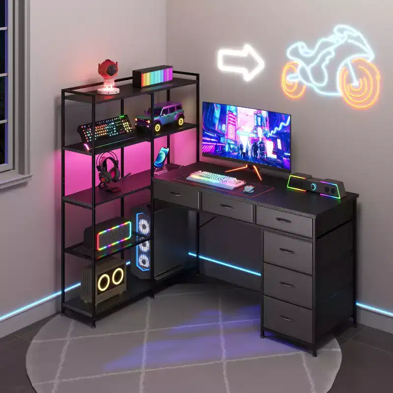 L-Shaped Desk with 6 Drawers & RGB Lights, Reversible, 1-Person — Black / Brown / White
