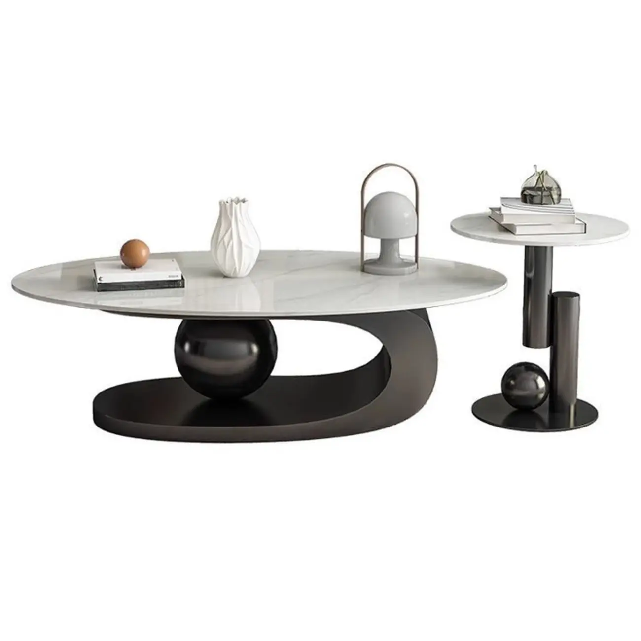 Modern Light Luxury White Oval Coffee Table with Metal Base