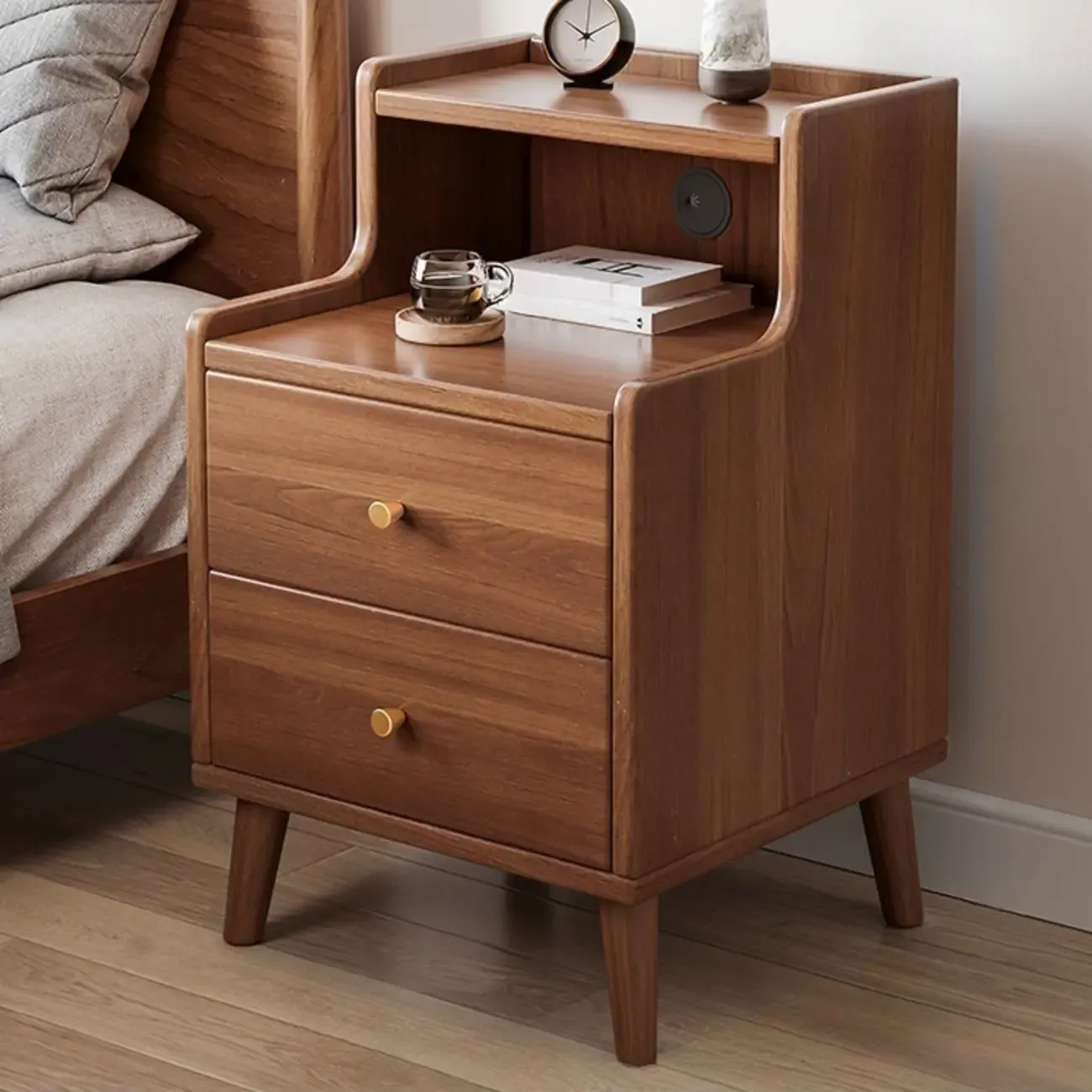 Natural Wood Scandinavian 2-Drawers Narrow Nightstand
