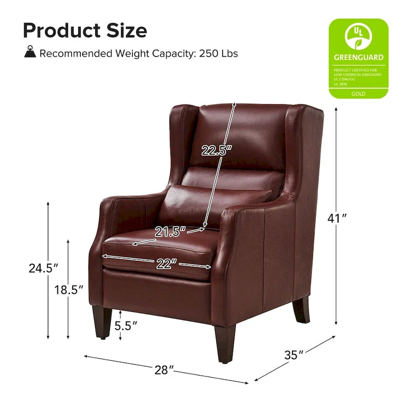 Genuine Leather Wingback Armchair with Lumbar Pillow