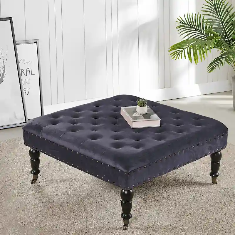 Button-Tufted Round Ottoman – 33 x 33 x 18 Inch