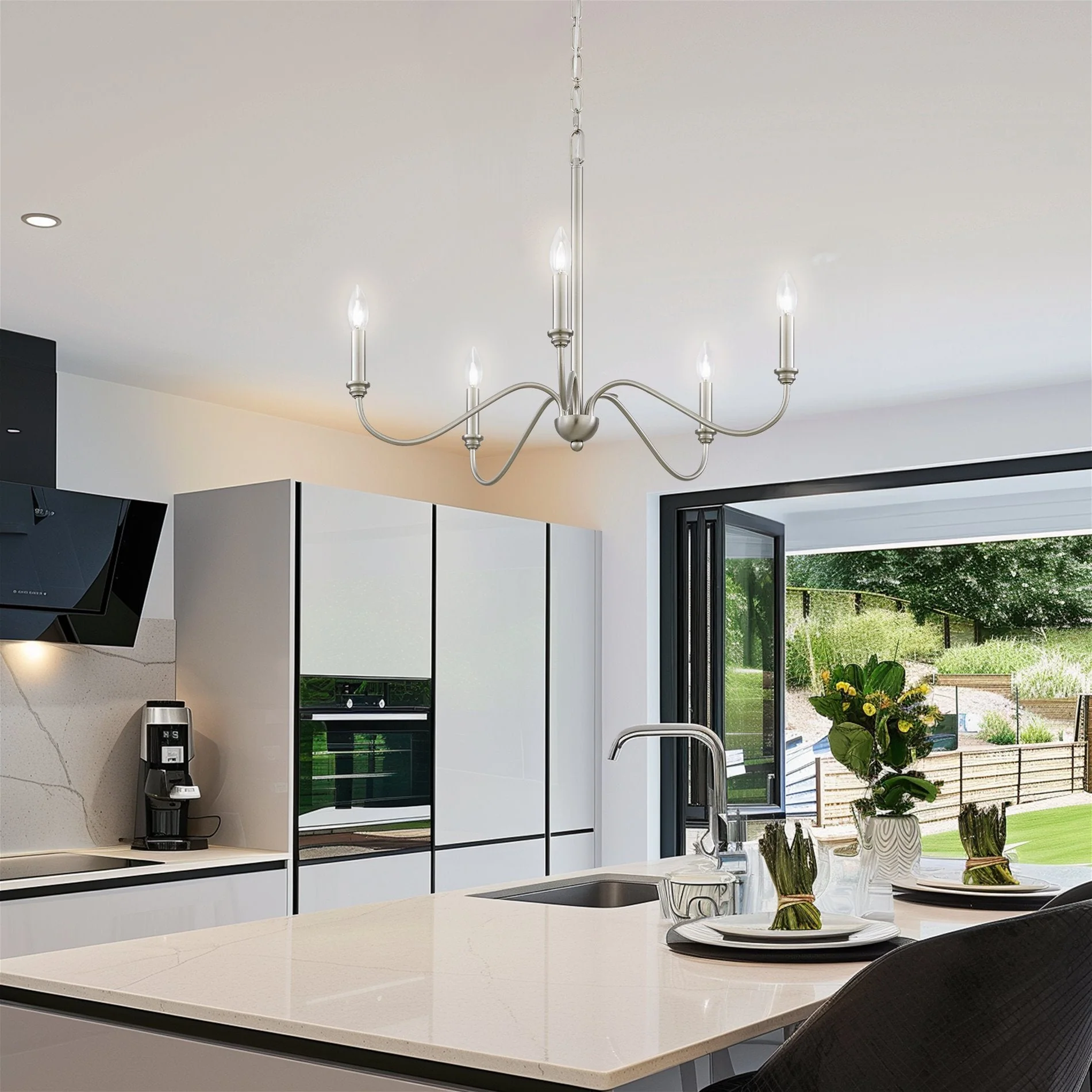 Kira Home Archer 28 5-Light Large Modern Chandelier + Curved Arms, Adjustable Hanging Height, Brushed Nickel Finish