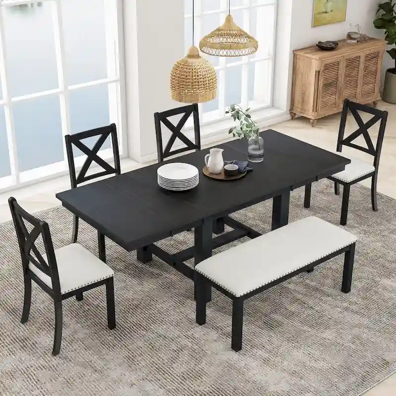6-Piece Extendable Dining Table Set with 4 Chairs and Bench