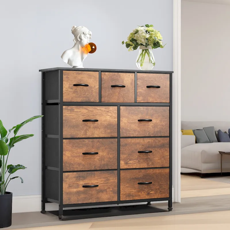 Moasis Rustic Wood-grain Badroom Dresser with Metal Frame, Wooden Top