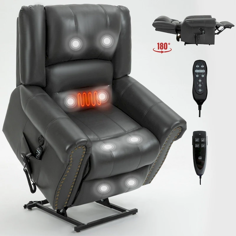 Brown Faux Leather Dual Motor Lift Recliner with Heat and Massage, USB Ports, and Infinite Recline for Seniors