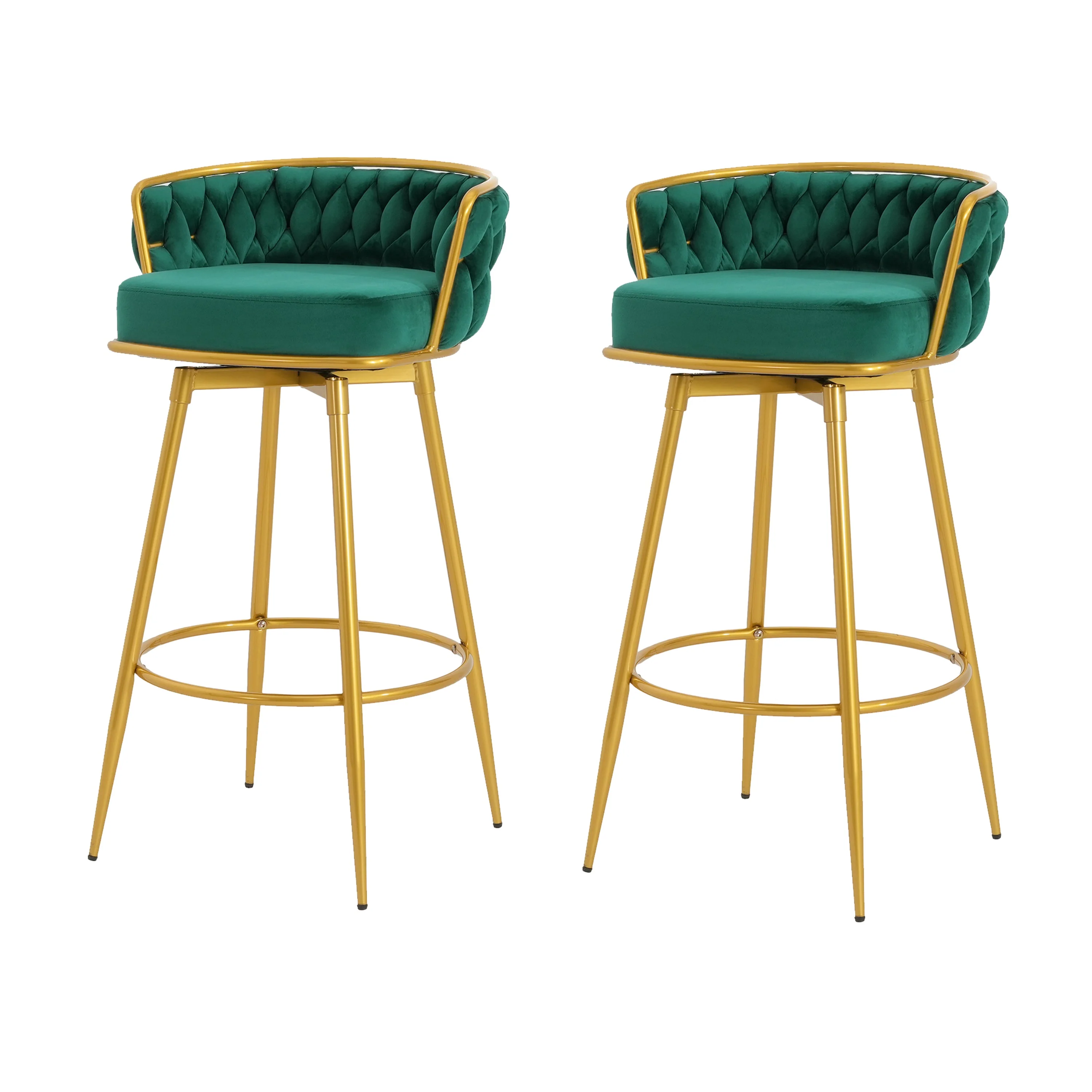Set of 2 Velvet Swivel Bar Stools 180¡ã Gold Frame w/ Woven Back & Footrest