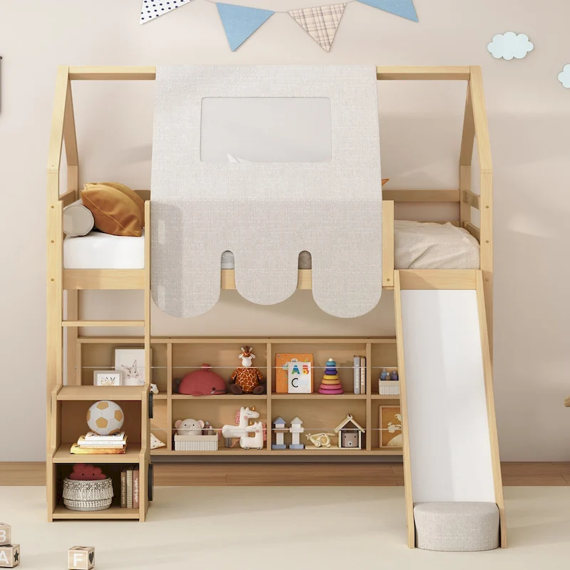 House-shaped Wooden Loft Bed with Tent, Slide, Ladder and Shelves