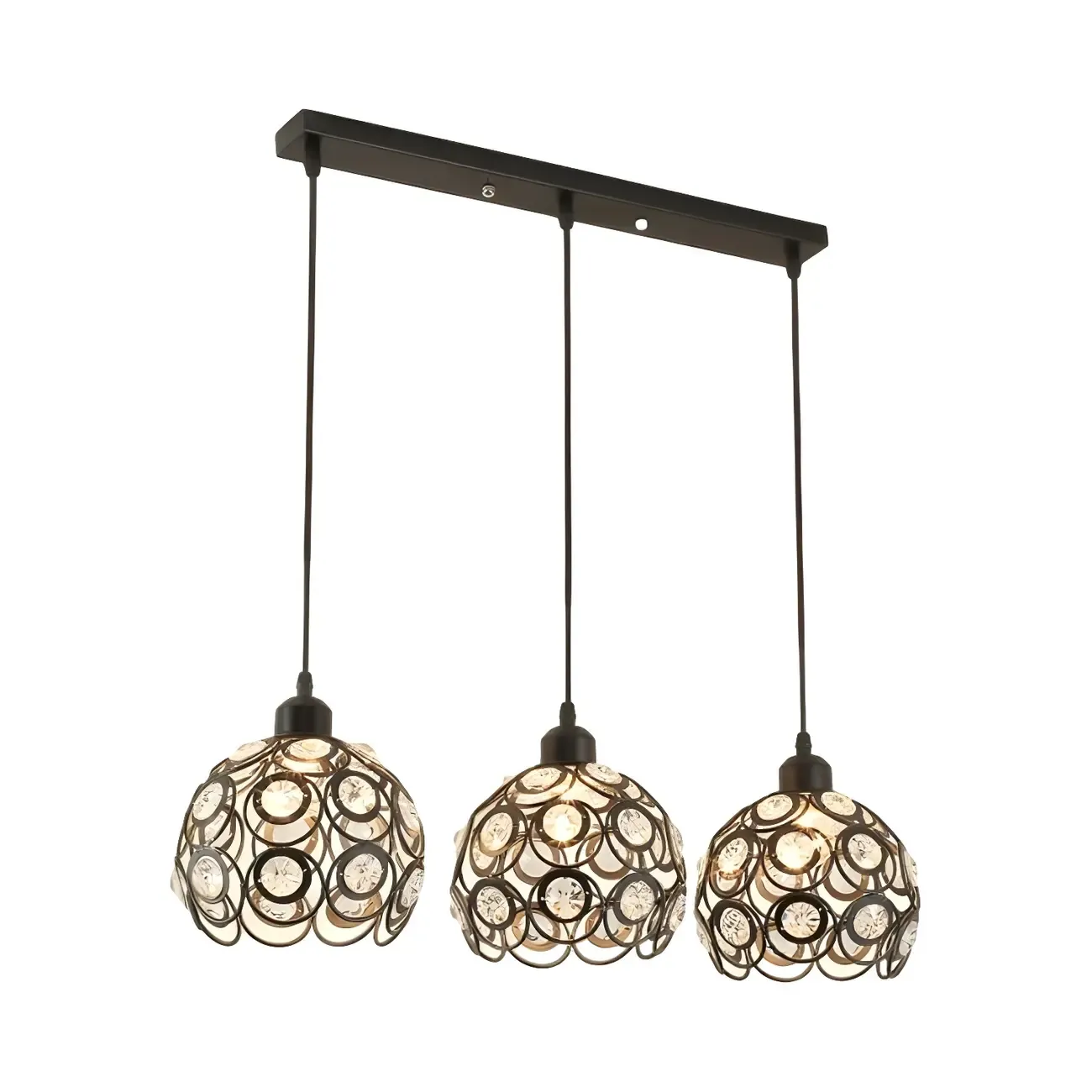 Modern 3-Light Round Crystal Black Metal Dome Pendant Light