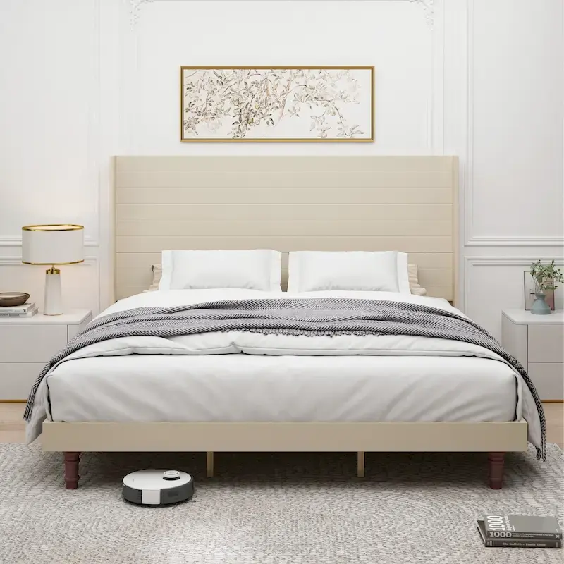 King Platform Bed with Elegant High Headboard & Comfortable Back