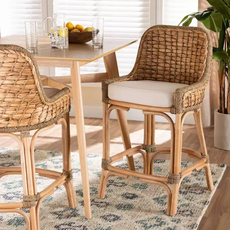 Woven Rattan Counter Height Barstool with Cushion: Handcrafted, No Assembly Required