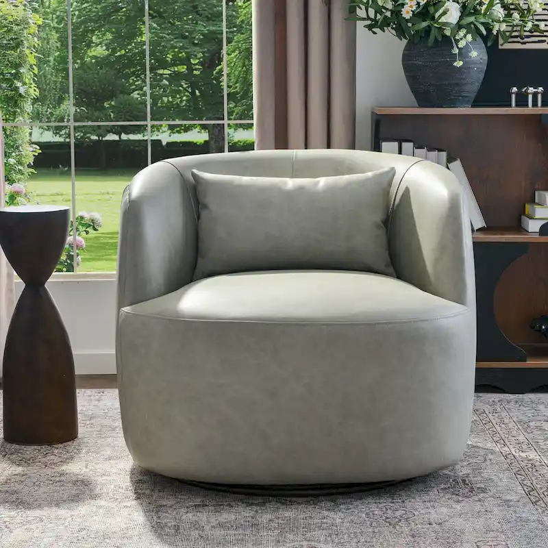 KINWELL Modern Top Grain Genuine Leather Swivel Armchair with Pillow