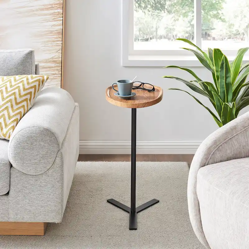 Oval Teardrop Modern Raised Lip Edge Couch-Side Accent C-Table with Crossed Y-Shape Metal Pedestal Leg