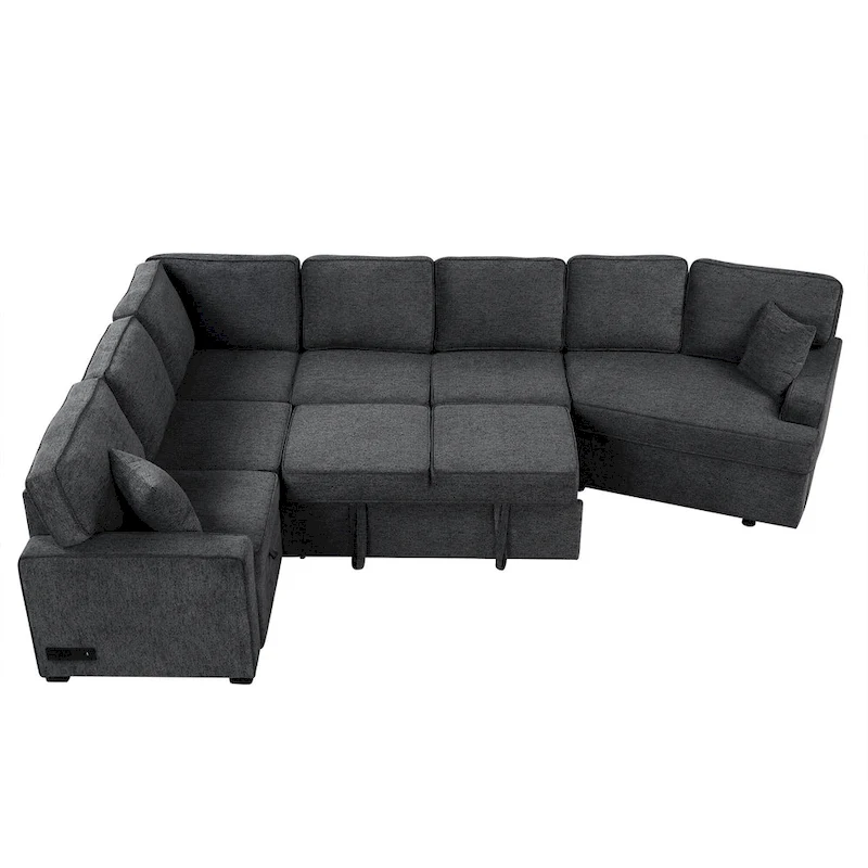 Black 126 L-Shaped 6-Seater Sofa with Pull-Out Bed and Cup Holders