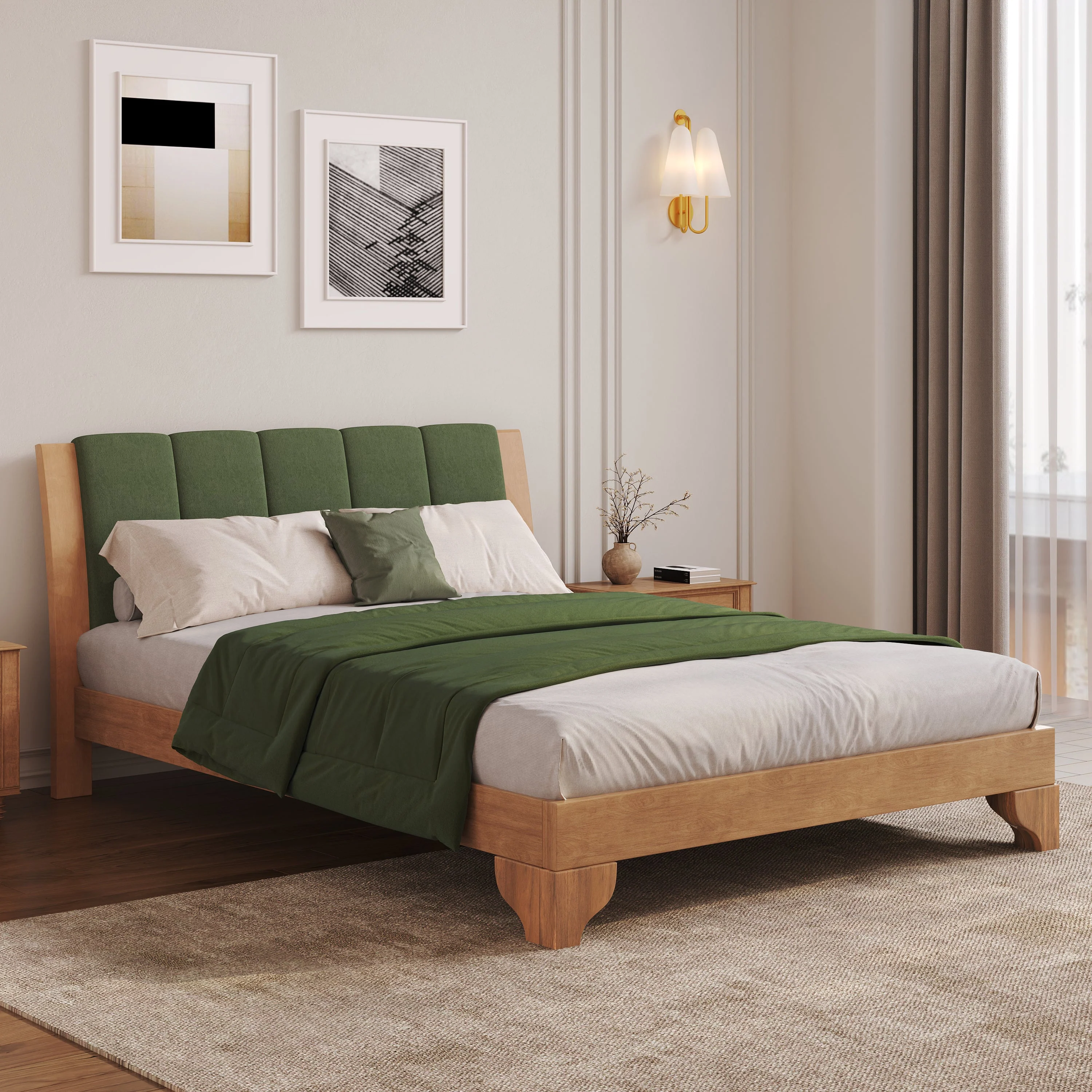 Mid Century Modern Wood and Upholstered Bedframe