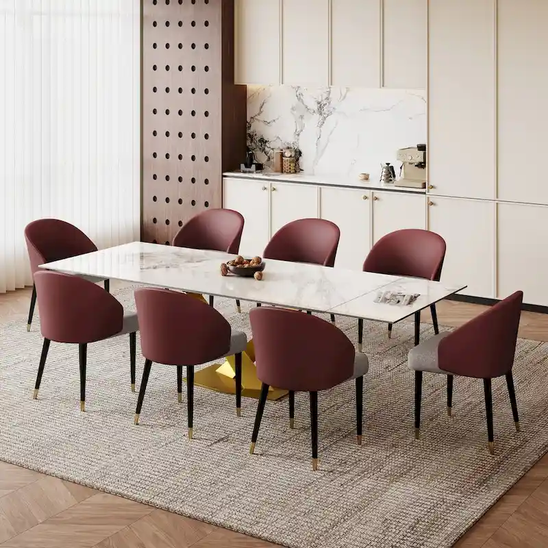 9 - Piece 94.48 Rectangular Extendable Sintered Stone Dining Table with 8 Faux leather Chairs Dining Set