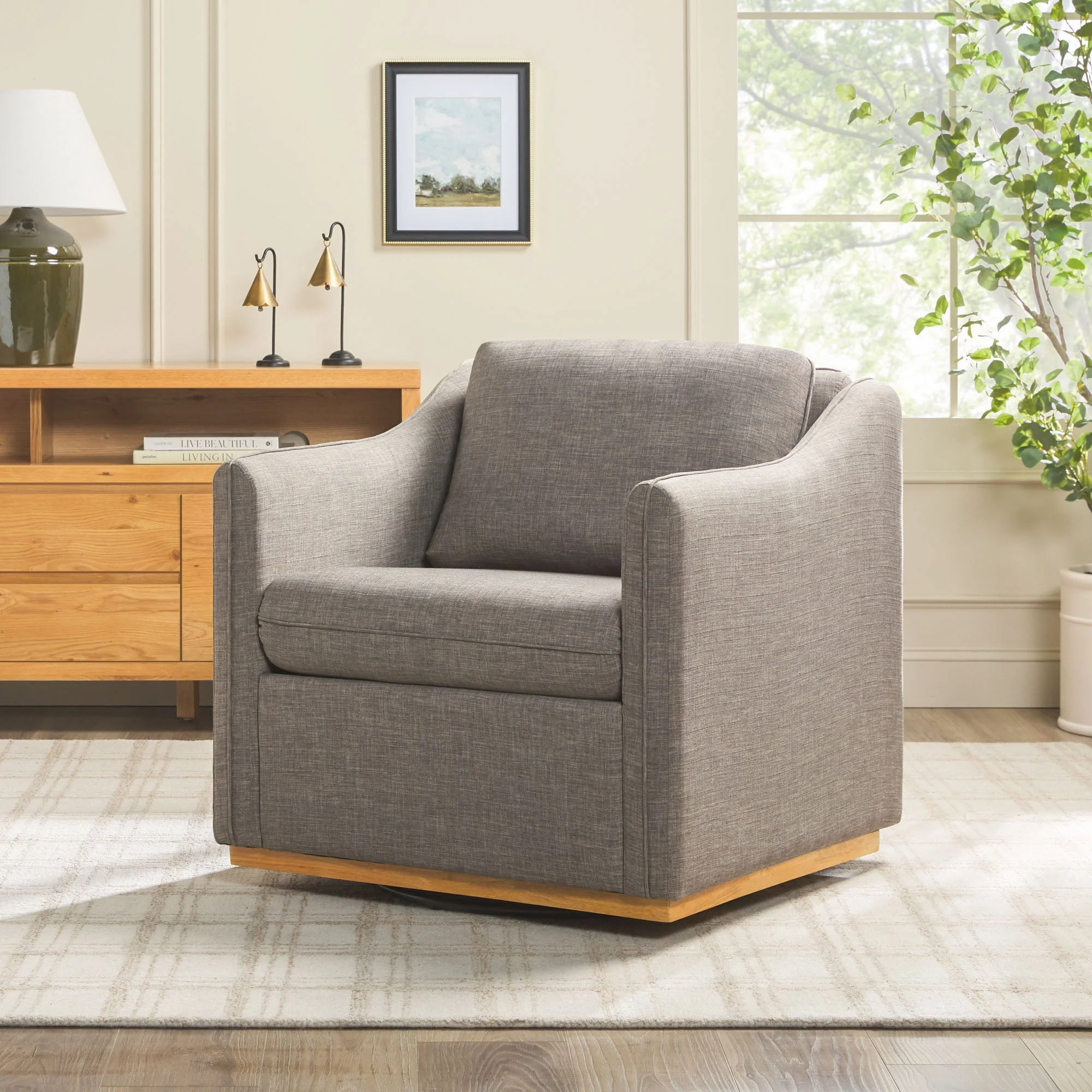Nash Modern Farmhouse Easy Assembly Linen Swivel Accent Chair