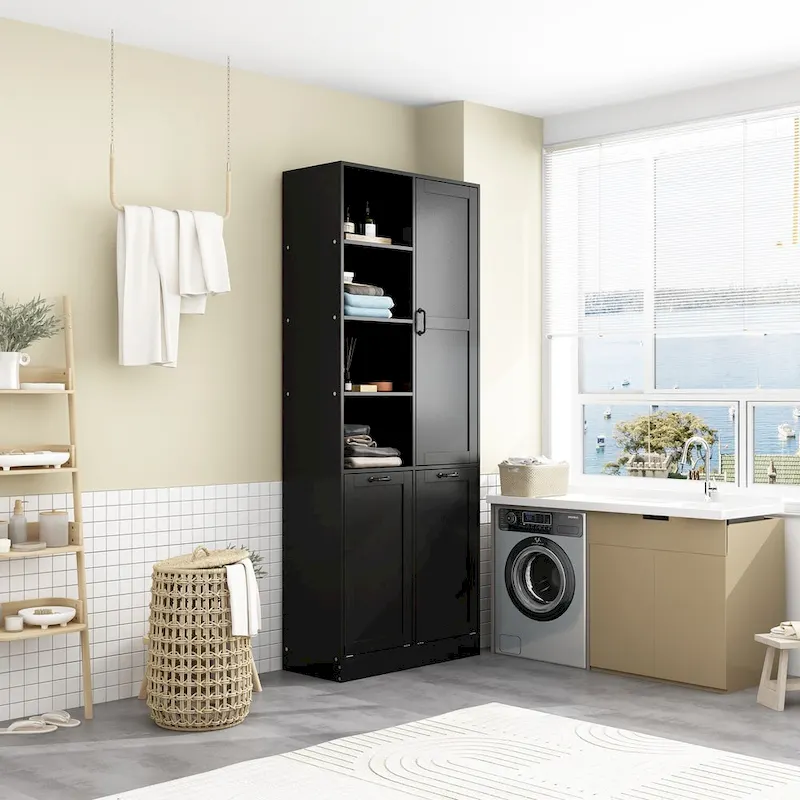 Sleek White Laundry Bathroom Cabinet with Unique Rotating Drawers