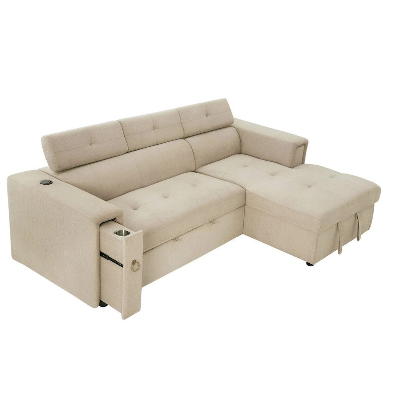 Beige L-Shape Sleeper Sectional Sofa with Adjustable Headrest & Charging