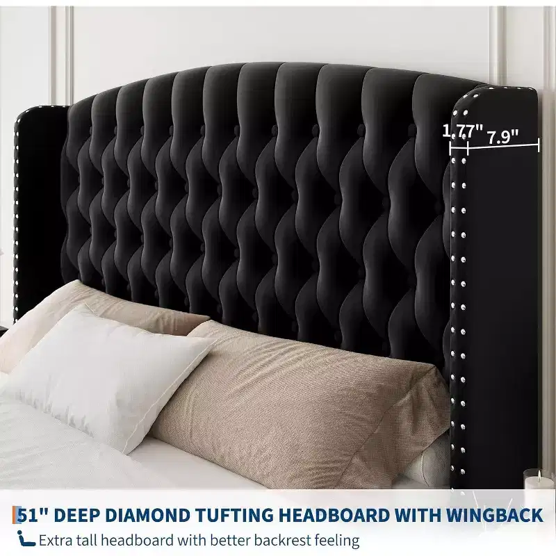 Acekool 51 Cream Velvet Queen Bed Frame - Wingback Headboard, Deep Button Tufting, No Box Spring Needed, Easy Assembly