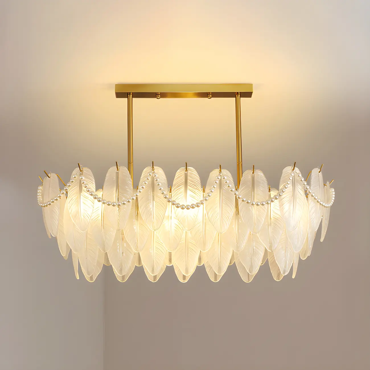 Adjustable Modern Glass Feather Island Chandelier in Gold
