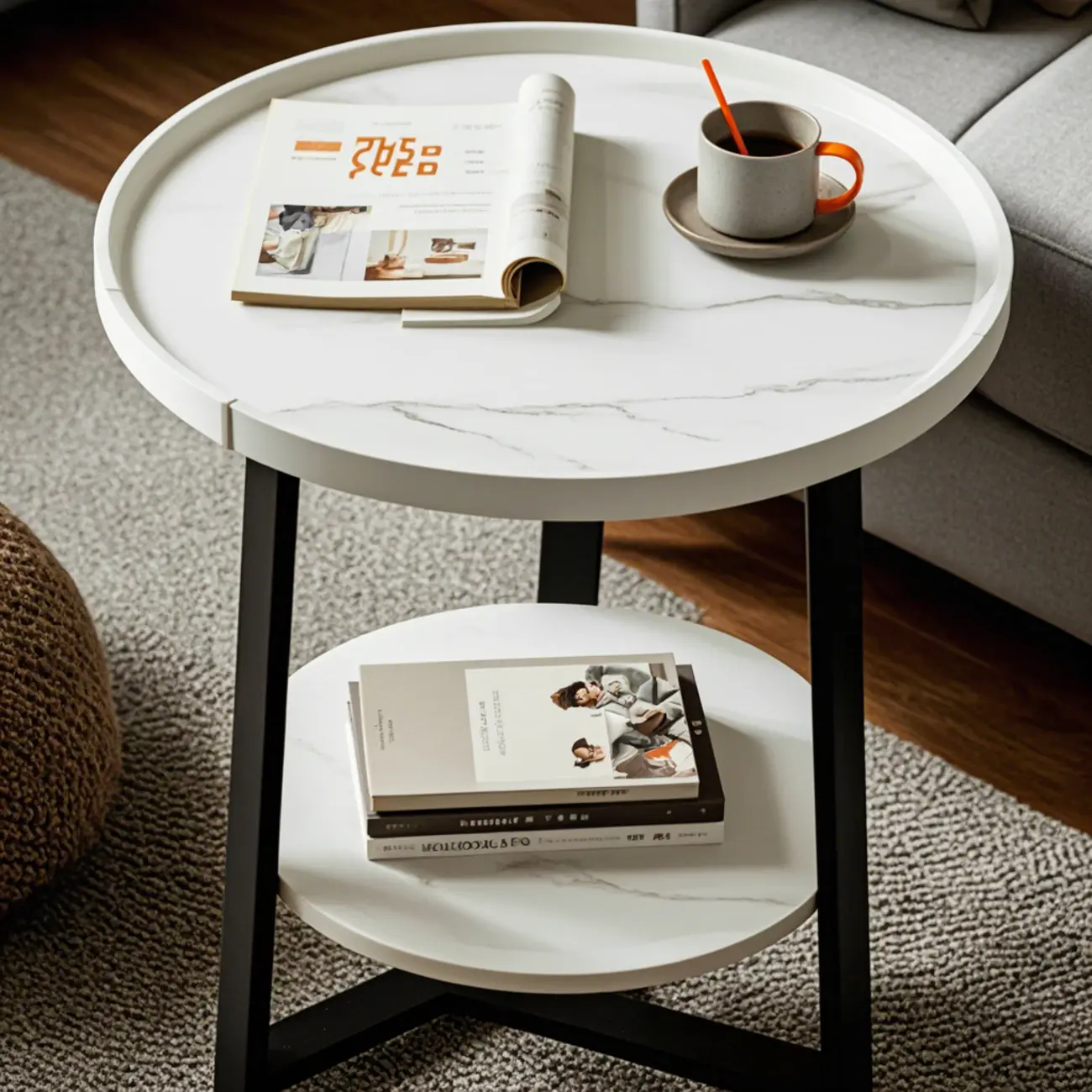 Modern Wooden Top Tray Coffee Table with Cross Legs & Shelf