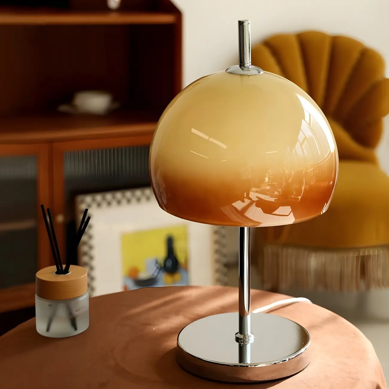 Caramel Gradient Glass Dome Table Lamp Stainless Steel Base