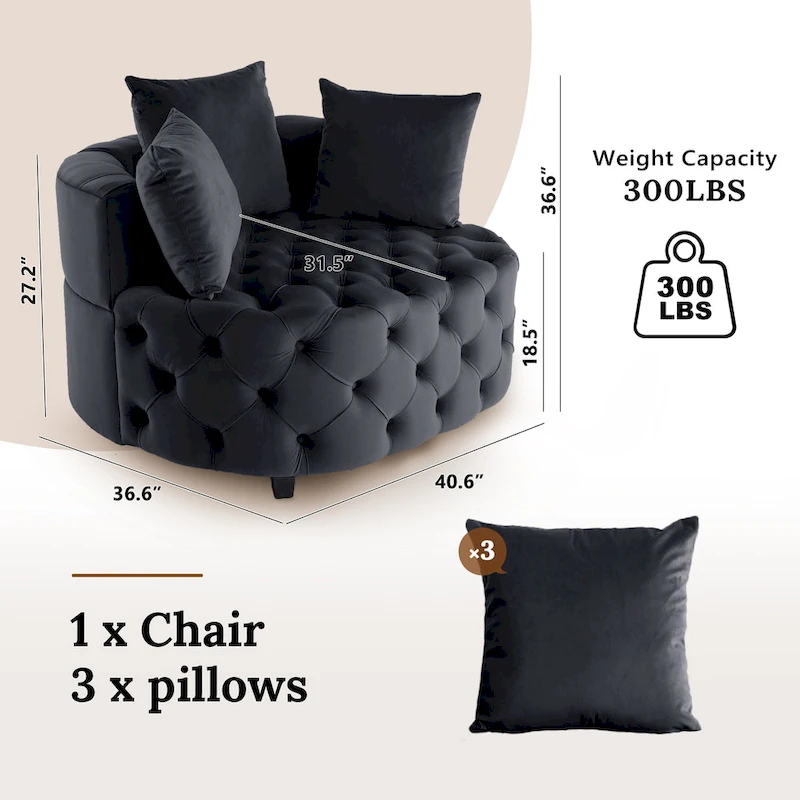 Velvet Modern Leisure Big Classical Barrel Chair with 2 Pillows